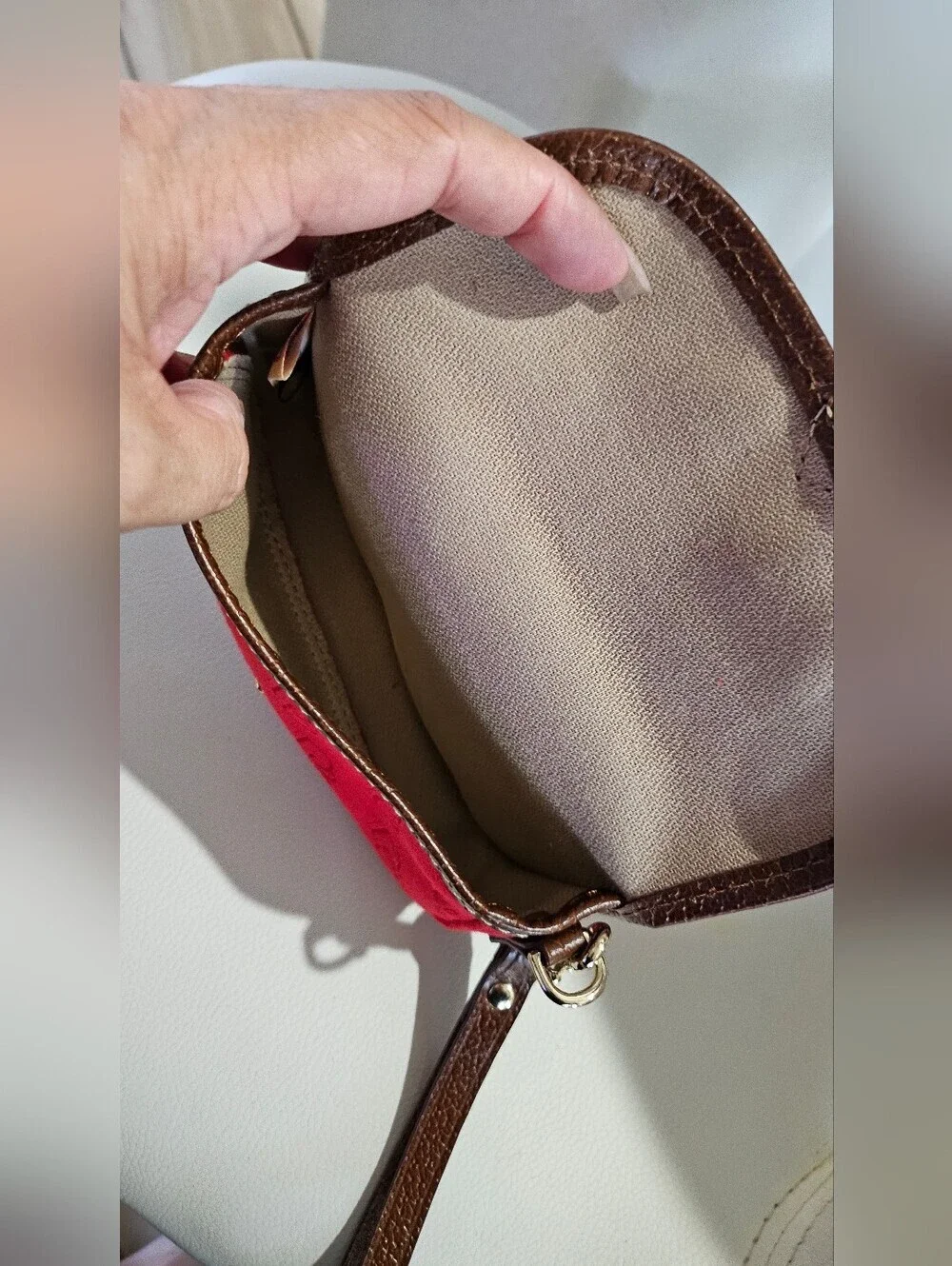 Dooney & Bourke Red Monogram Wristlet Pouch Brown Trim Smal Clutch Wallet.